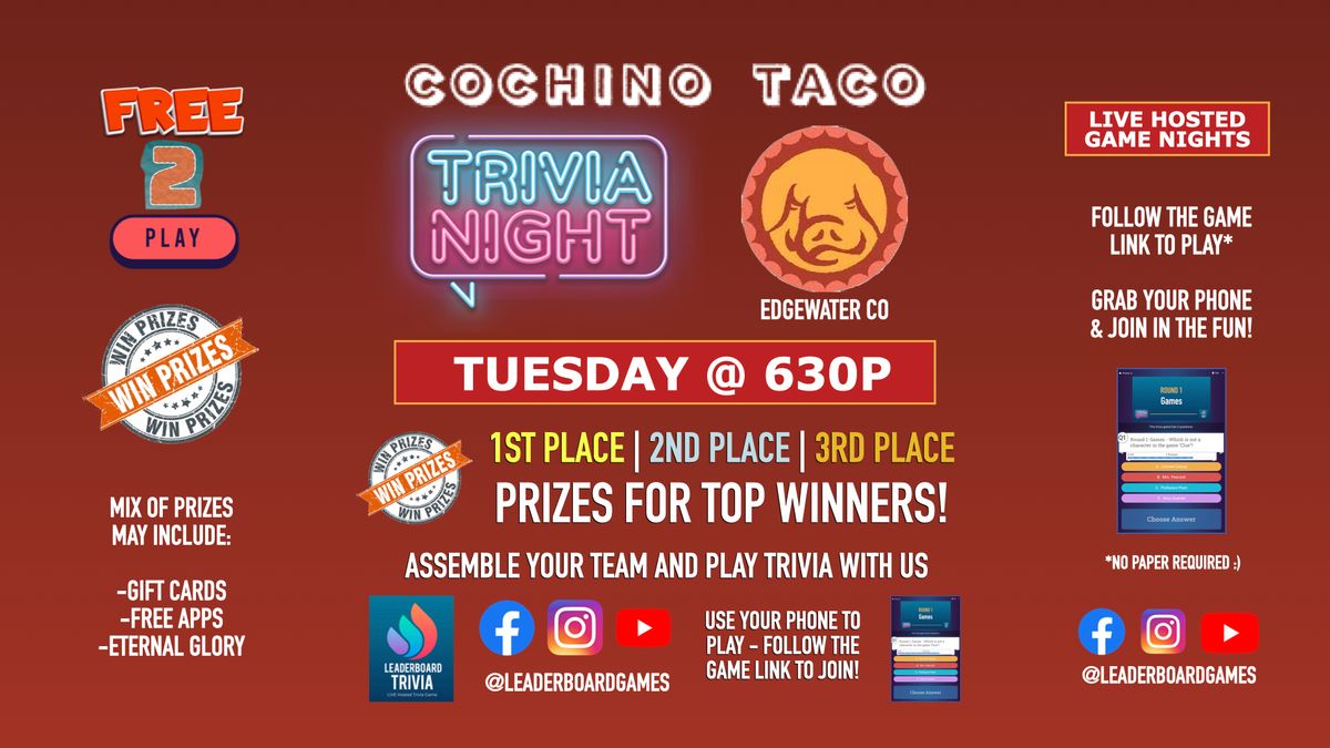 Trivia Night | Cochino Taco - Edgewater CO - TUE 630p - @LeaderboardGames