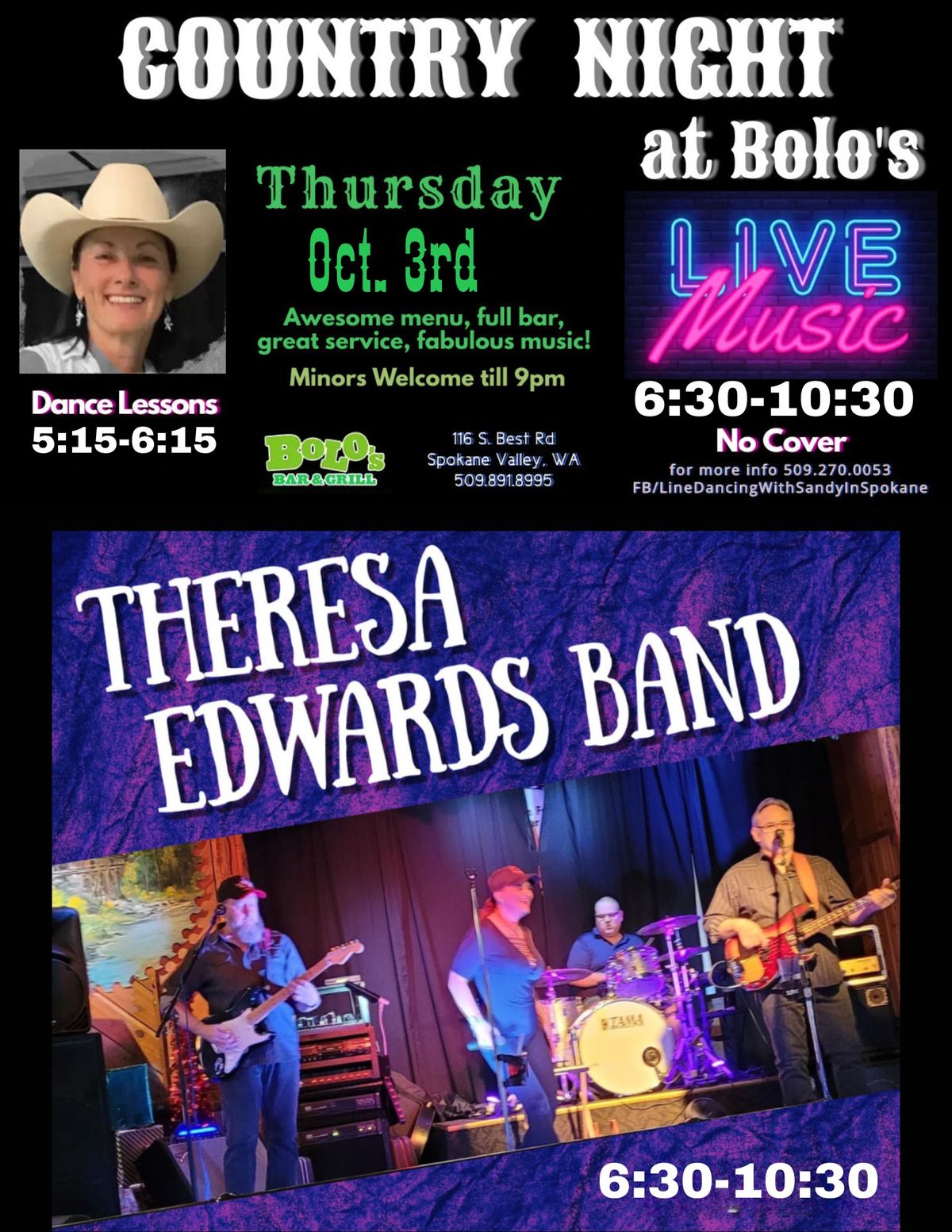 Country Night at Bolo's with Theresa Edwards Band and Line Dancing with Sandy!