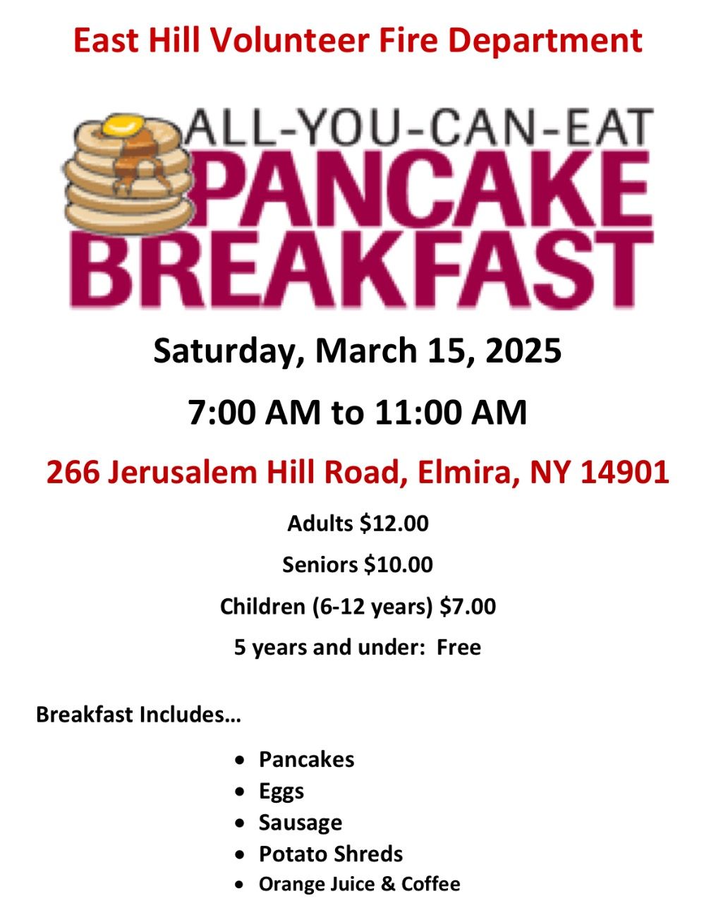 East Hill Volunteer Fire Department Pancake Breakfast