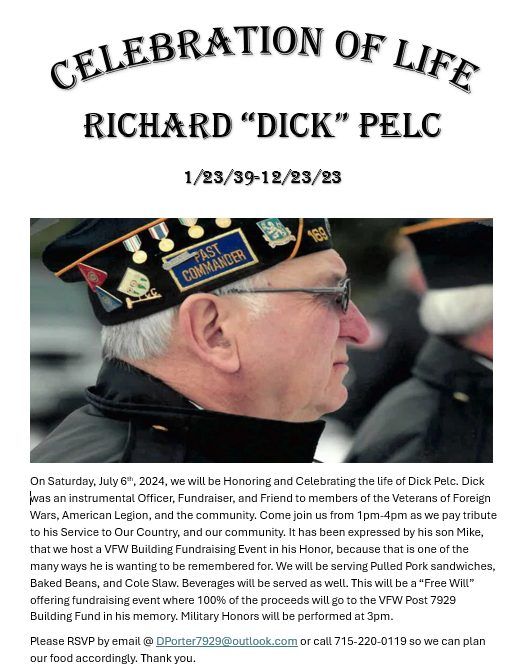 Celebration of Life w\/Military Honors for Richard "Dick" Pelc