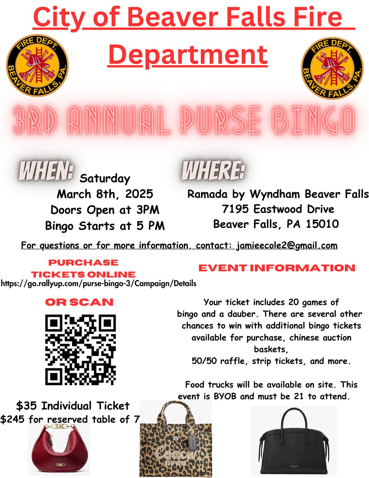 \ud83d\udc5b Beaver Falls Fire Department 3rd Annual Purse Bingo \ud83d\udc5b 