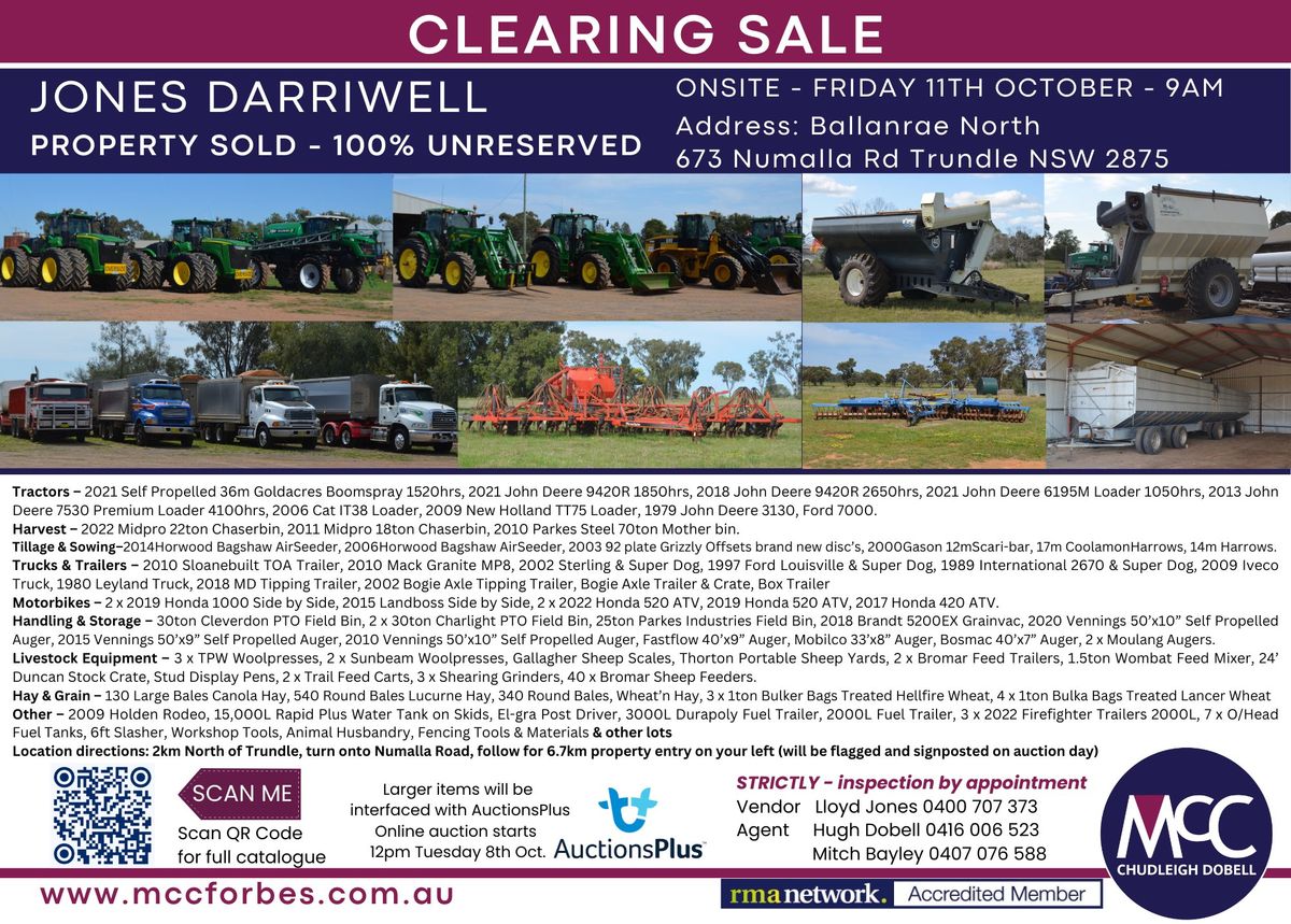 JONES DARRIWELL CLEARING SALE - 100% Unreserved, Property Sold