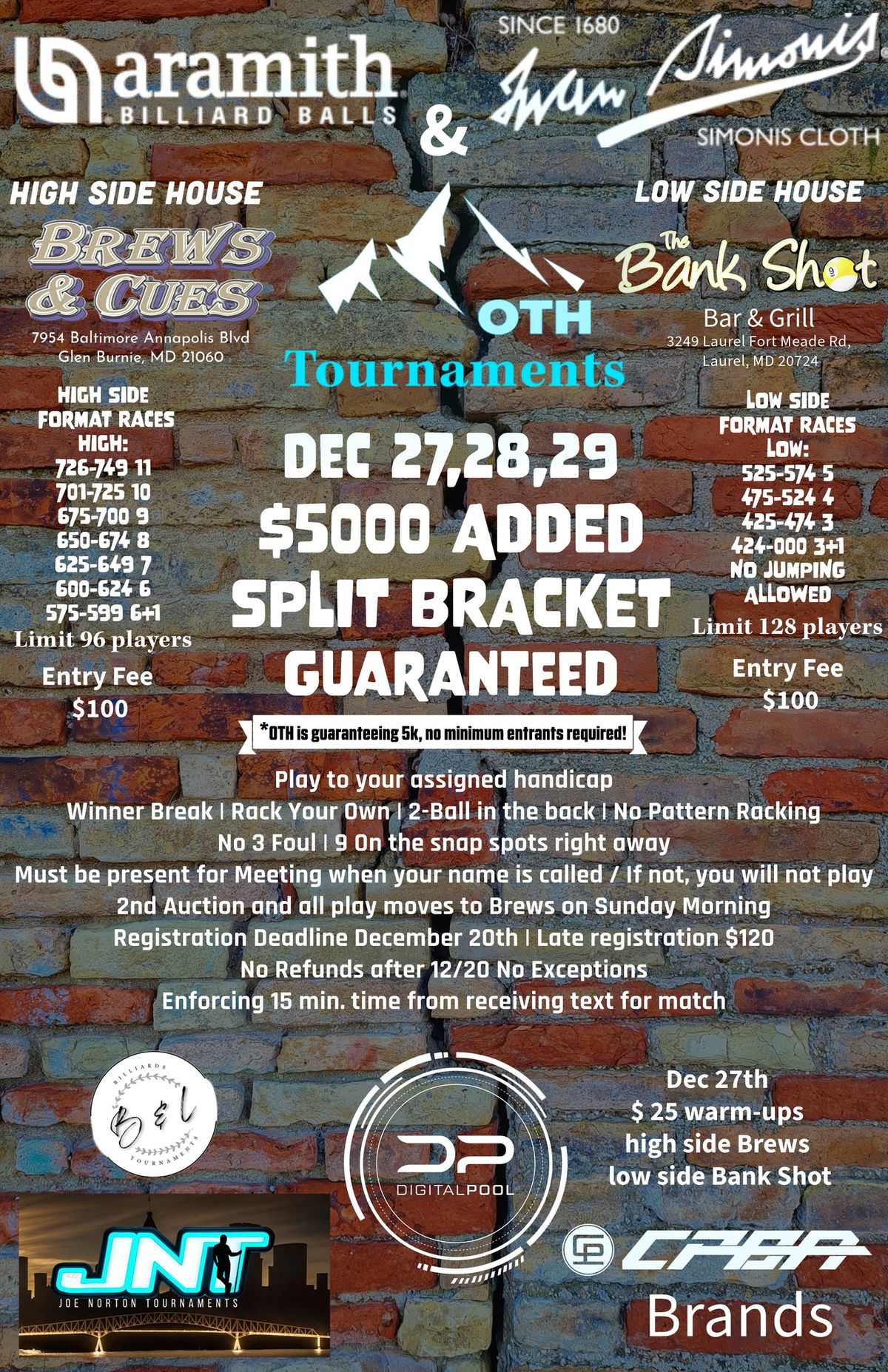 OTH Tournaments $5000 ADDED Split Bracket W\/Friday Night Warm-up Tournament