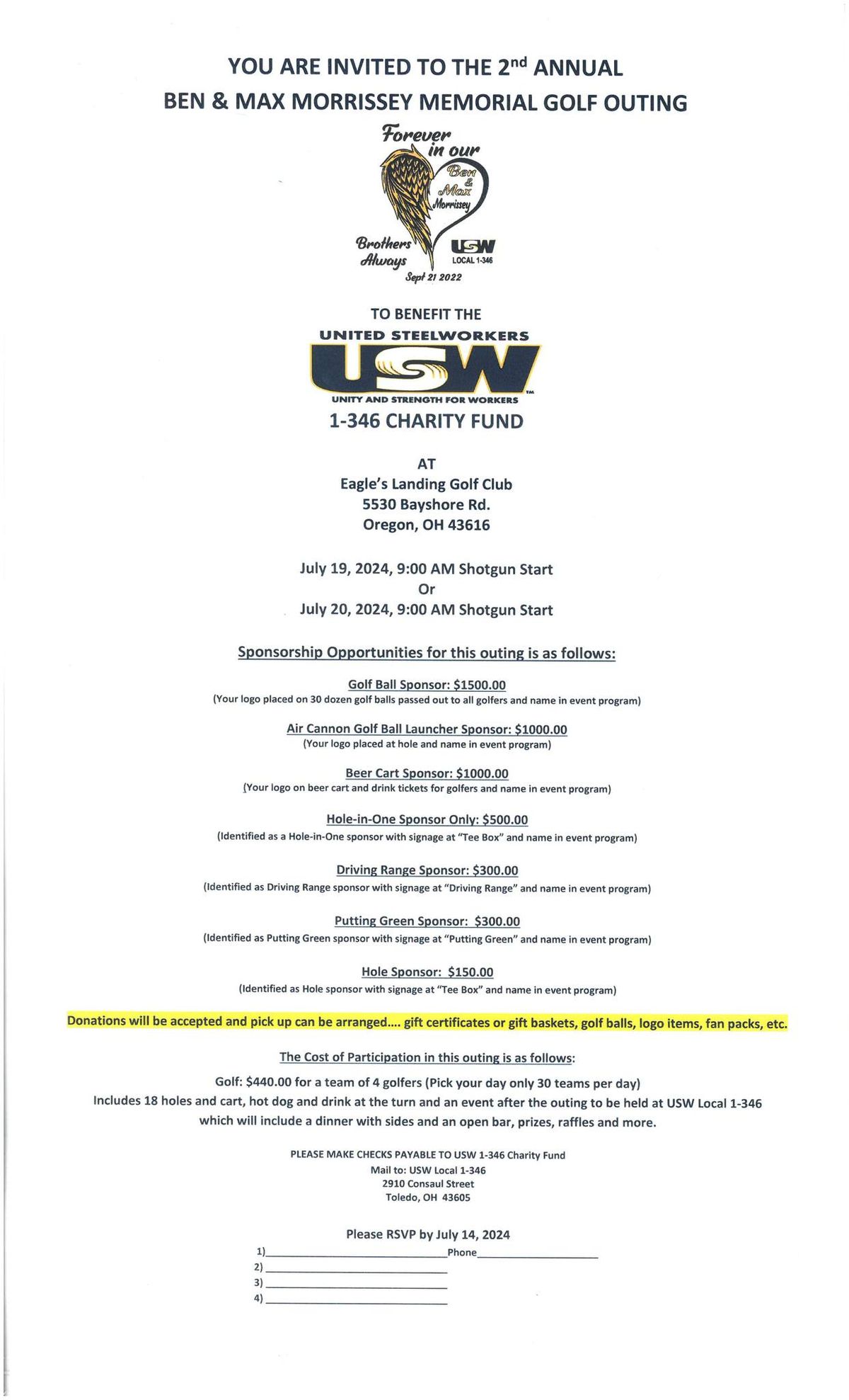 2nd Annual Ben & Max Morrissey Memorial Golf Outing to benefit the USW 1-346 Charity Fund