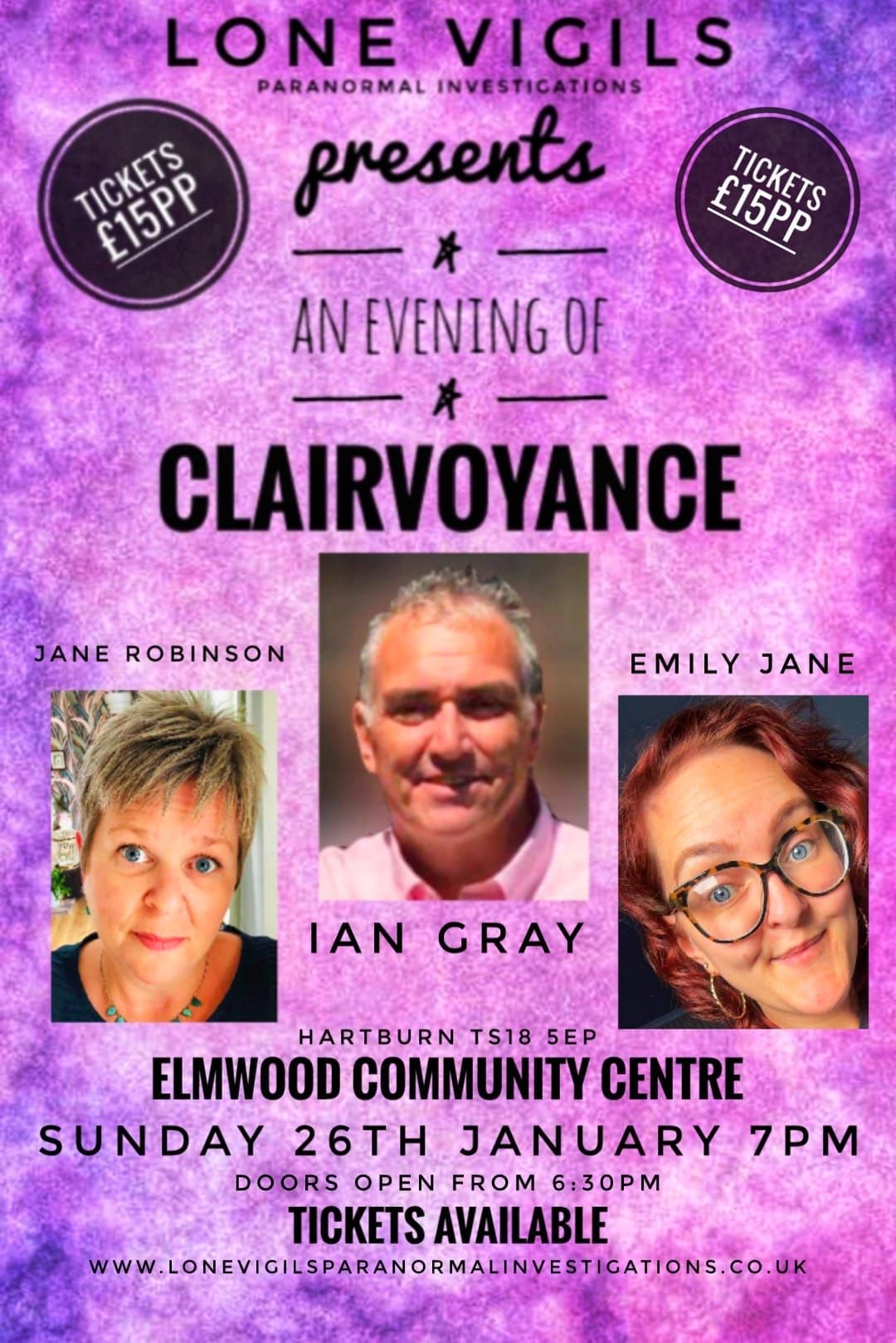 \ud83d\udcab An evening of Clairvoyance special guests Ian Gray, Jane Robinson & Emily Jane Elmwood Com Centr