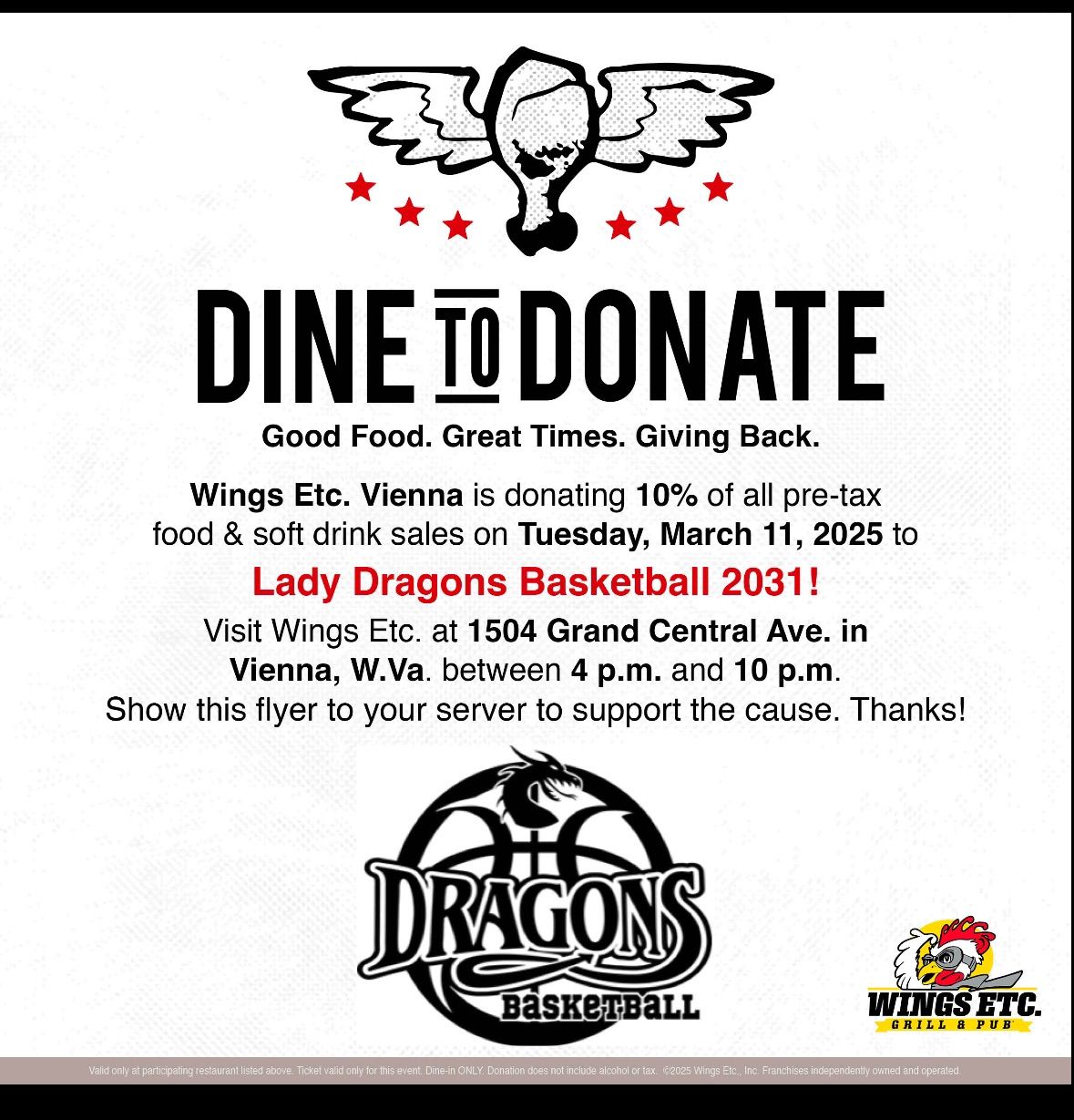 Dragons Basketball fundraiser @ Wings etc. 