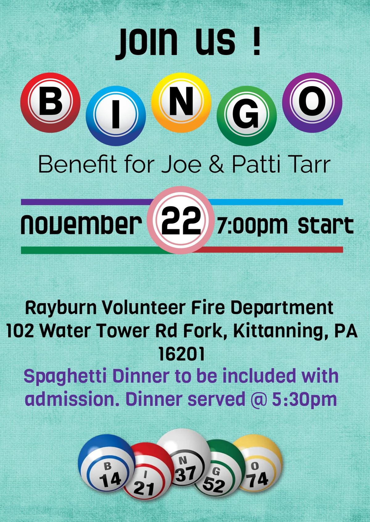 Benefit Bingo and Spaghetti Dinner for Joe and Patti Tarr