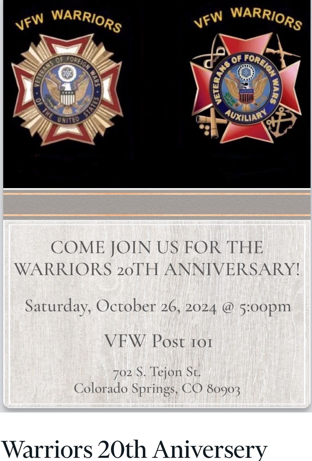 VFW Warriors 20th Anniversary Banquet