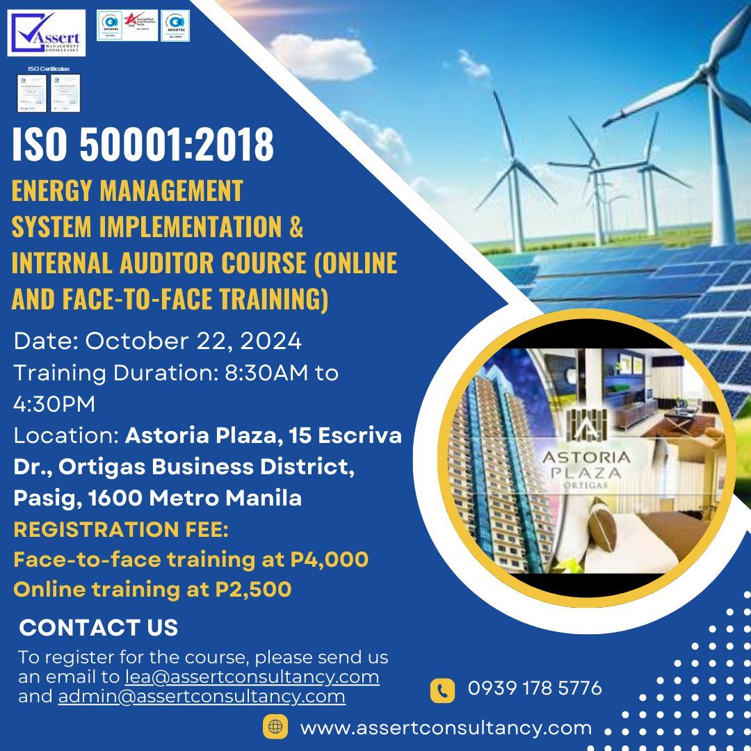 Join Our face-to-face and online training for ISO 50001:2018 Energy Management System Implementation