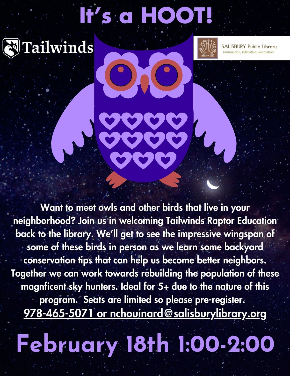 IT'S A HOOT! Tailwinds and friends visit the library