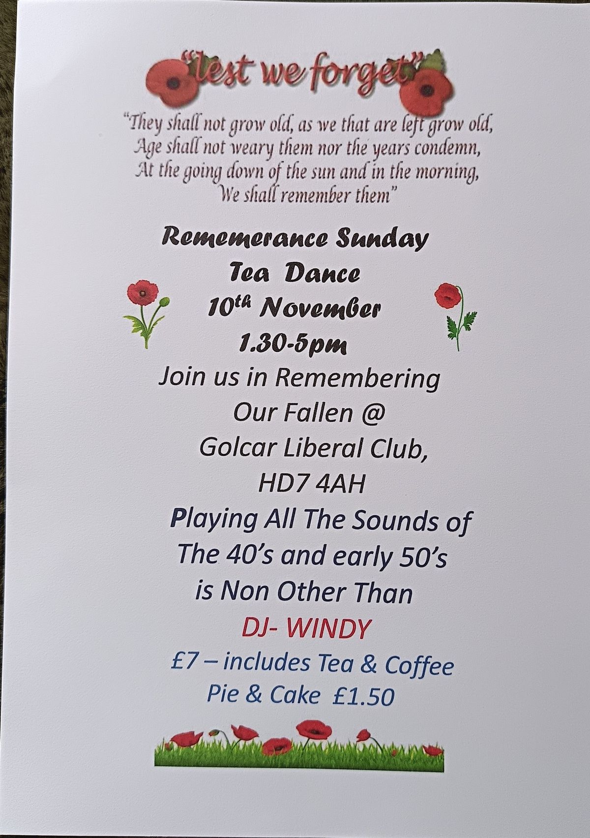 Remembrance Sunday Tea Dance With Tunes From the  40s, 50s, along with Ballroom and Squence