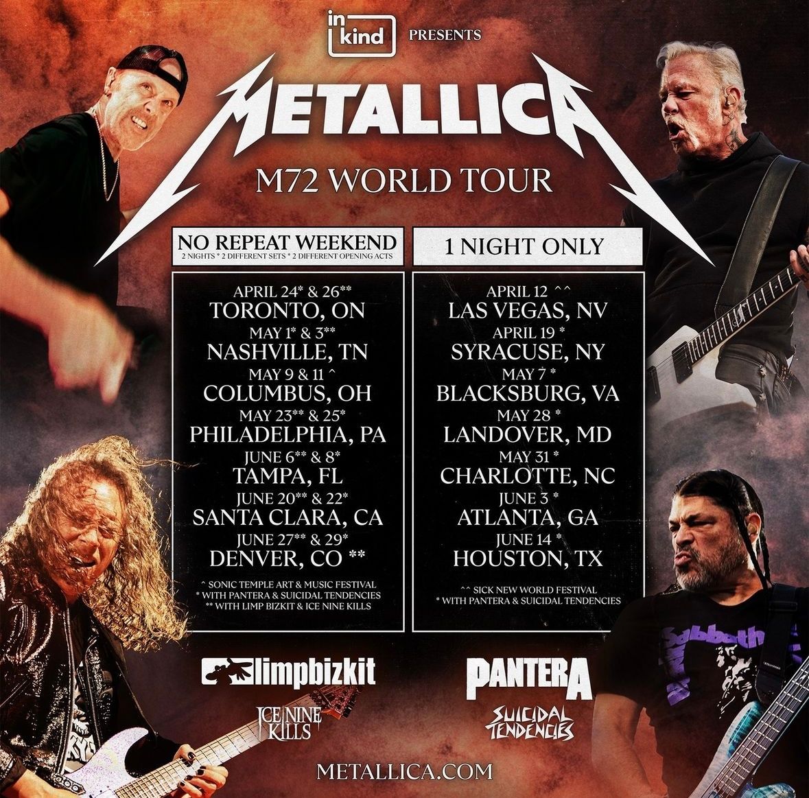 Metallica - 2-Day Pass (6\/27 - 6\/29) - Limp Bizkit, Ice Nine Kills, Pantera & Suicidal Tendencies Tickets