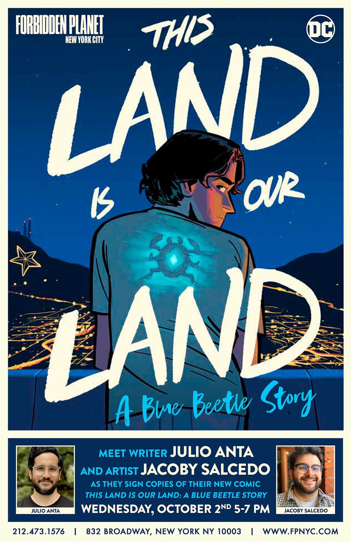 Blue Beetle This Land Is Our Land signing with wi\\riter Julio Anta and artist Jacoby Salcedo