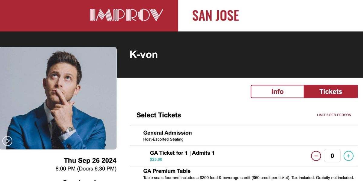 Comedian K-von at San Jose Improv (9\/26) 8p