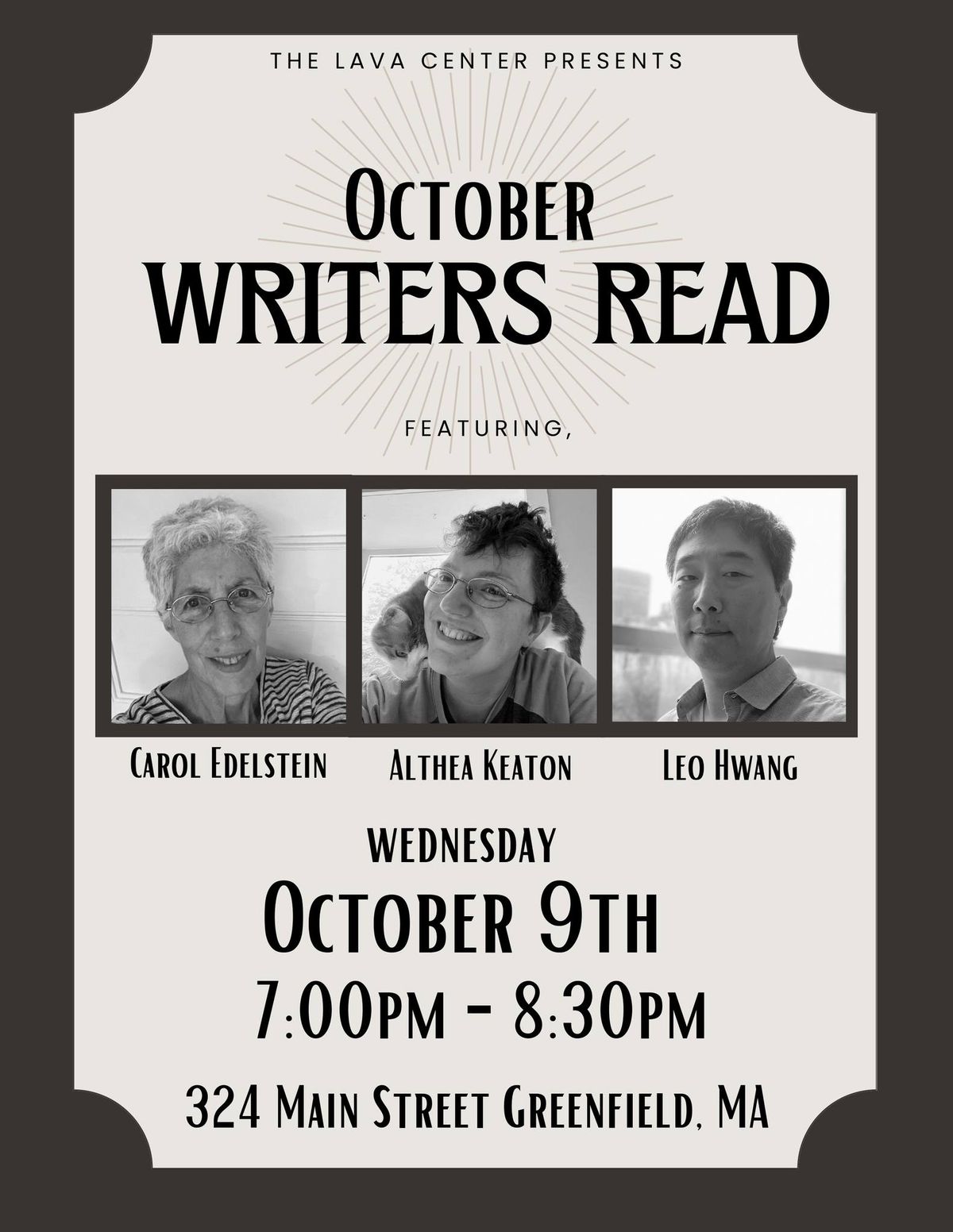 Writers Read 10\/9: Carol Edelstein, Leo Hwang, Althea Keaton