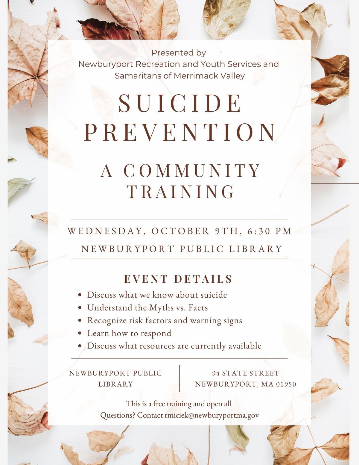 Suicide Prevention : A Community Training 