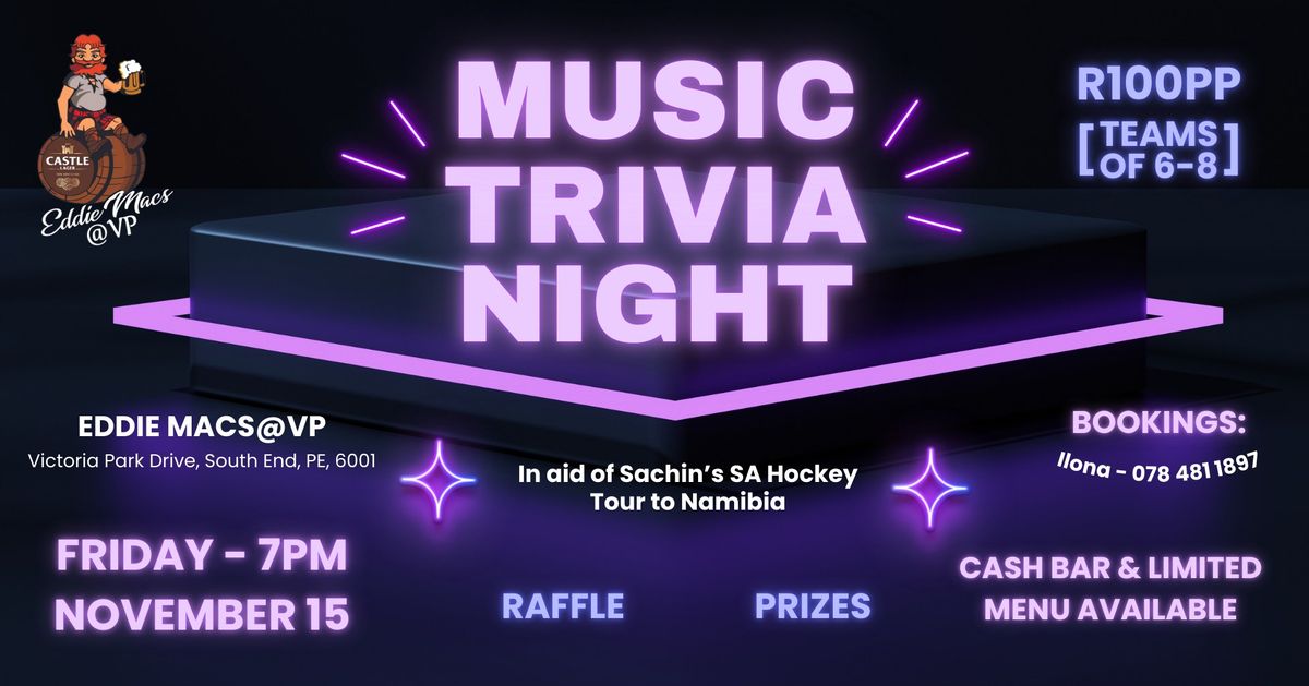 Music Trivia Night - Sachin's SA Hockey Tour Fundraiser