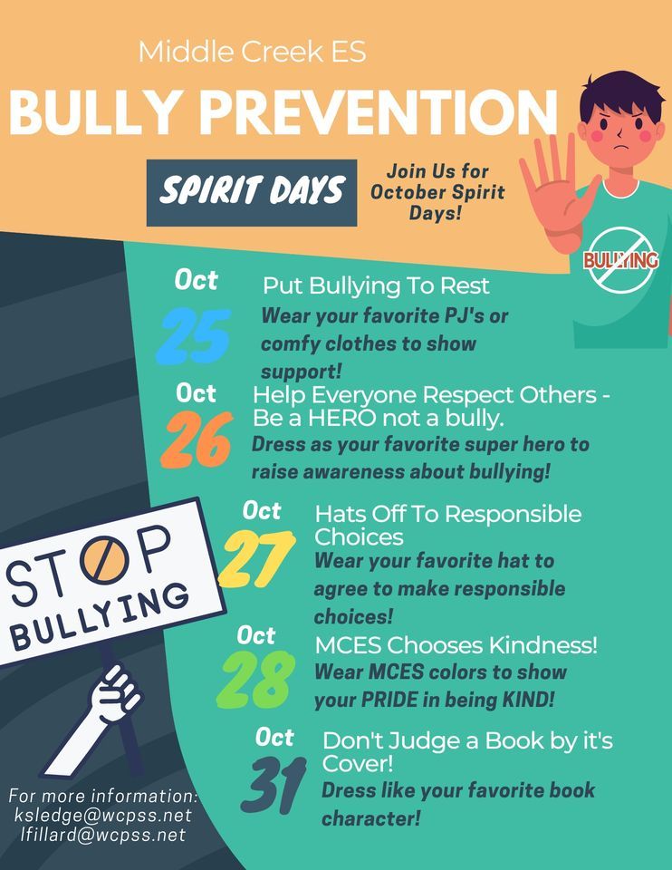 Bullying Prevention Spirit Week, Middle Creek Elementary, Apex, 25 ...