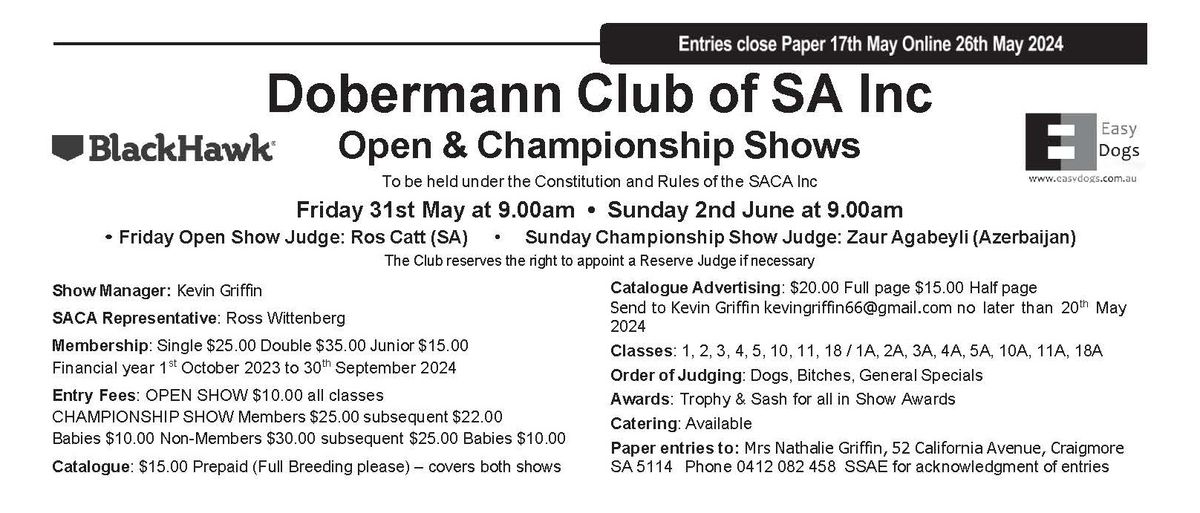 The Dobermann Club of SA Inc. Specialty Weekend