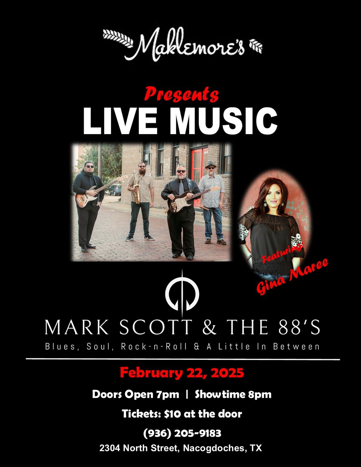 LIVE MUSIC:  Mark Scott & The 88's featuring Gina Maree