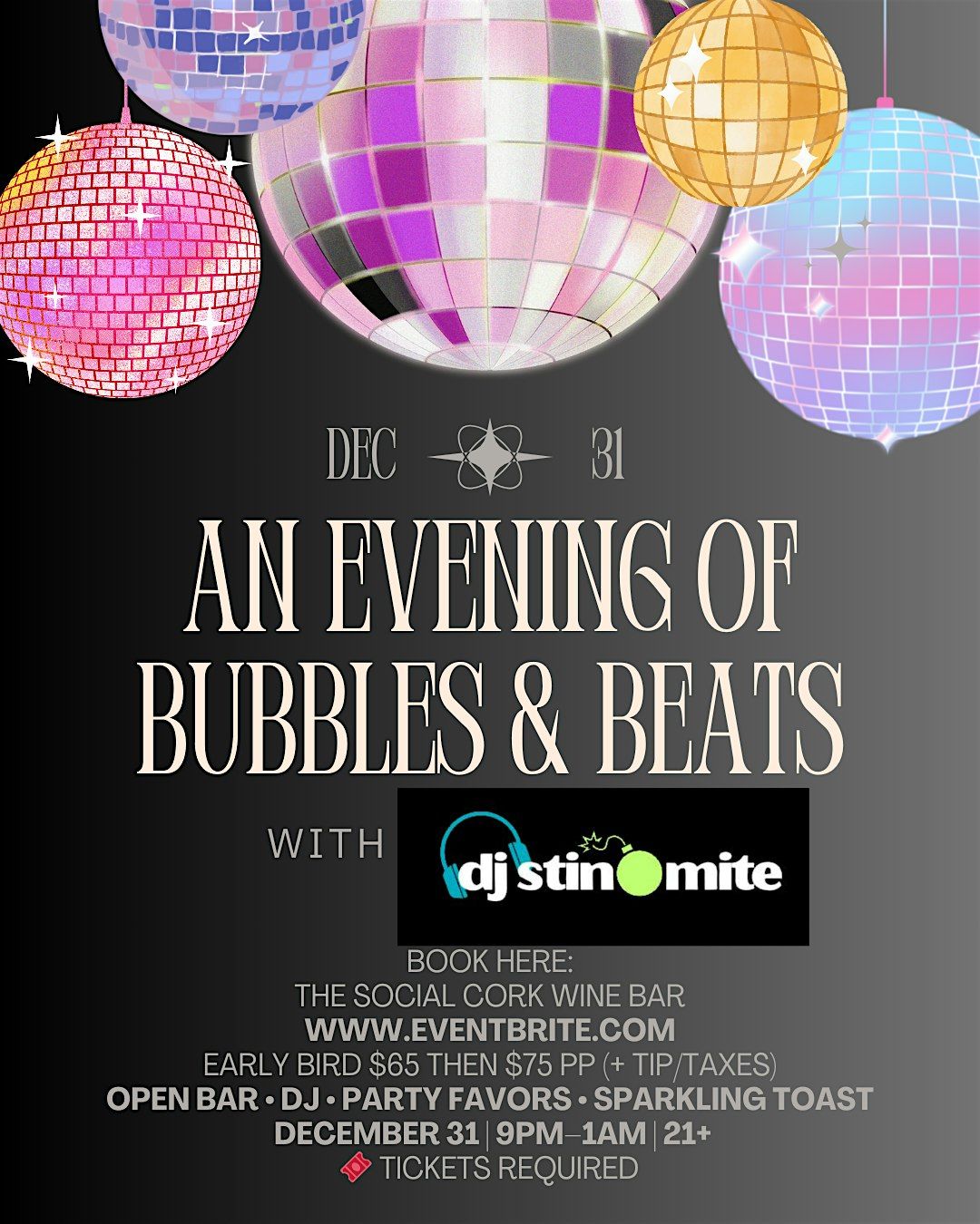 An Evening of Bubbles & Beats \u2013 New Year\u2019s Eve Open Bar Party