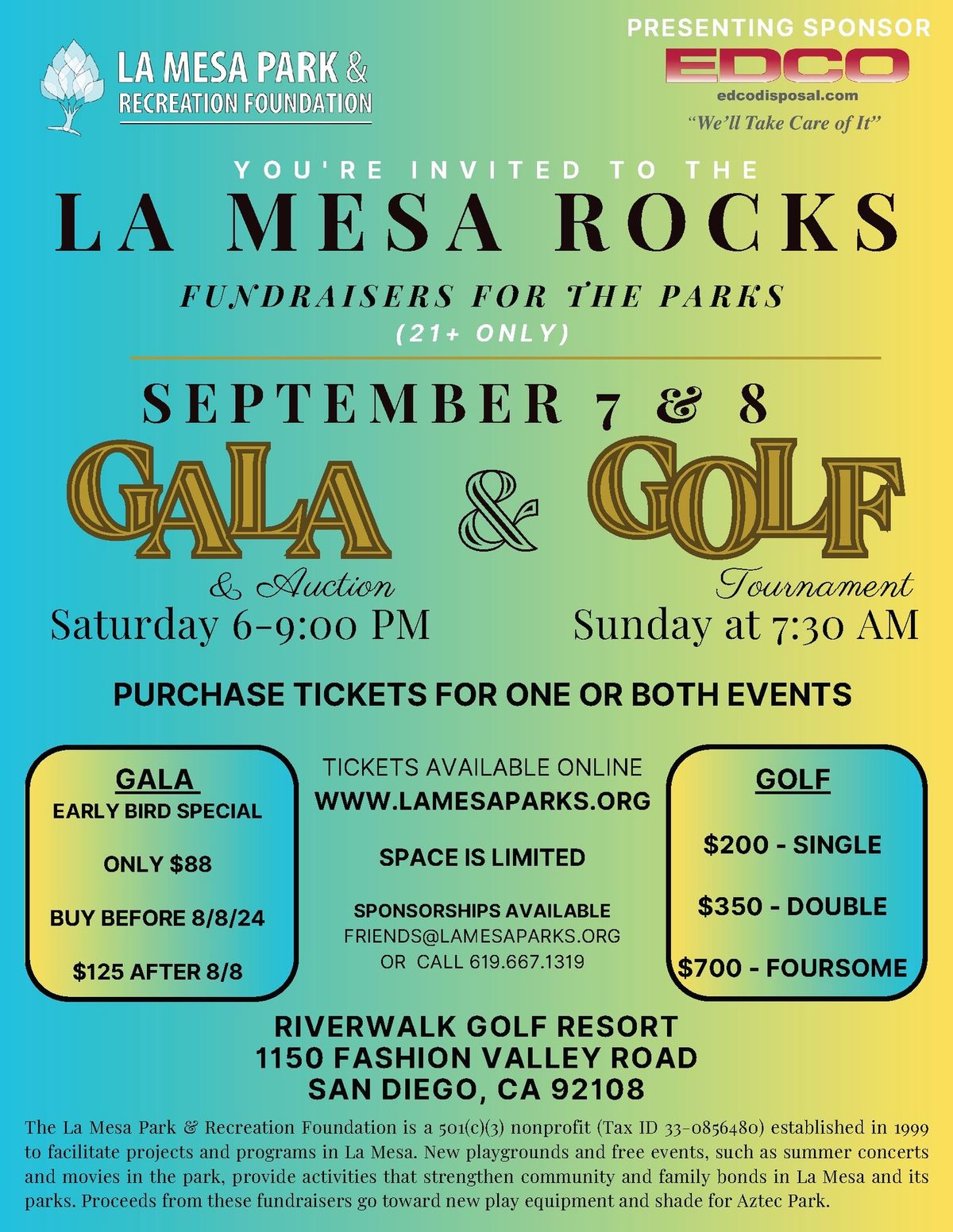 La Mesa Rocks 8th Annual Fundraiser & Golf Fore the Parks Golf Tournament