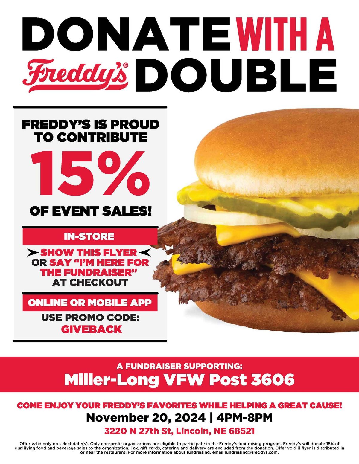 Freddy's Fundraiser Supporting the VFW Post 3606