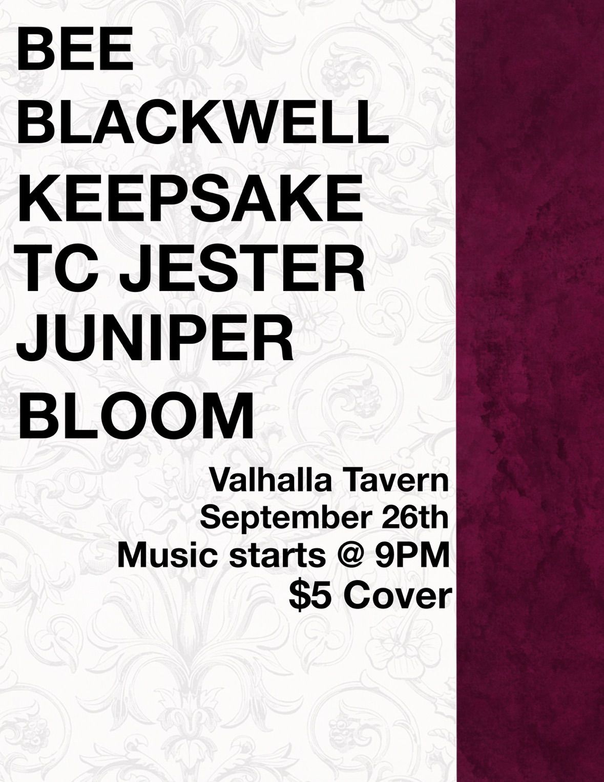 Thurs Sept 26 Bee Blackwell, Juniper Bloom, Keepsake, TC Jester