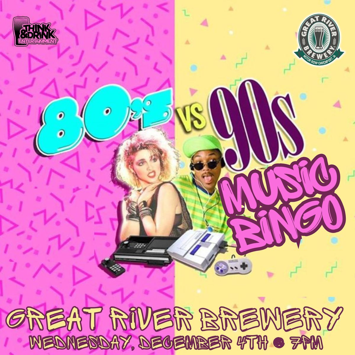 80's vs 90's Music Bingo @ Great River Brewery (Davenport, IA) \/ Wednesday, December 4th @ 7pm