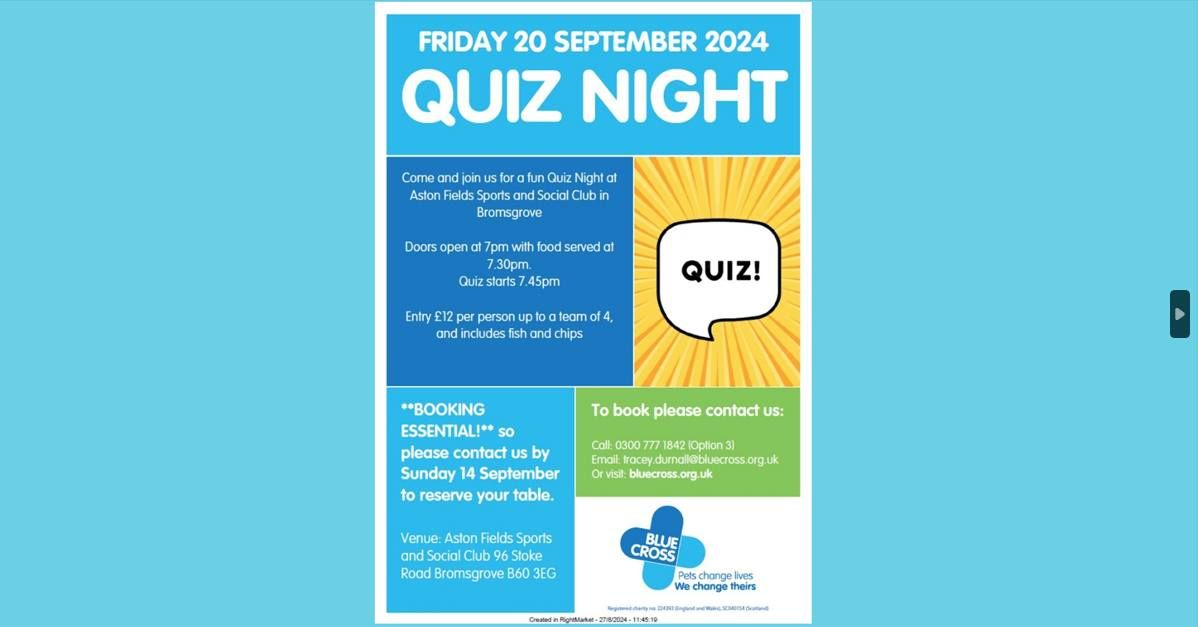 Blue Cross Quiz Night 20th Sept 2024