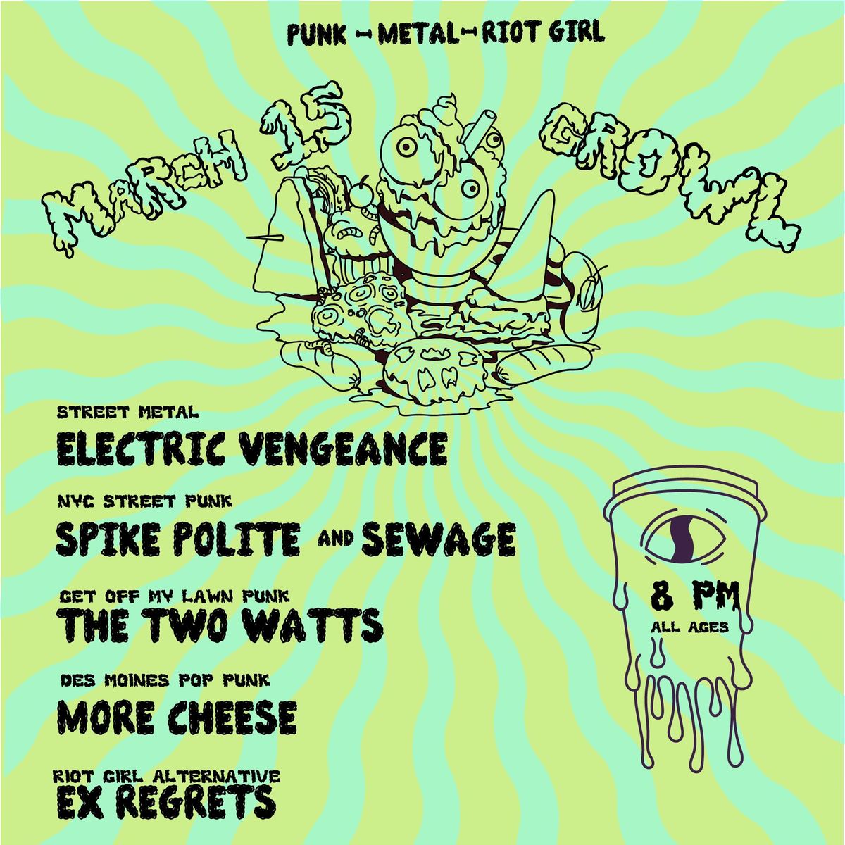 Electric Vengeance, Spike Polite & Sewage, The Two-Watts, More Cheese @ Ex-Regrets at GROWL