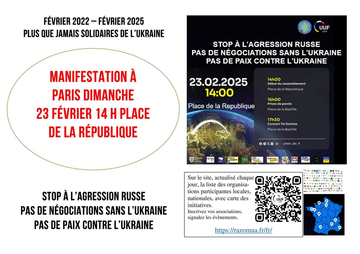 PLUS QUE JAMAIS SOLIDAIRES DE L'UKRAINE - Manifestation \u00e0 Paris le 23 f\u00e9vrier