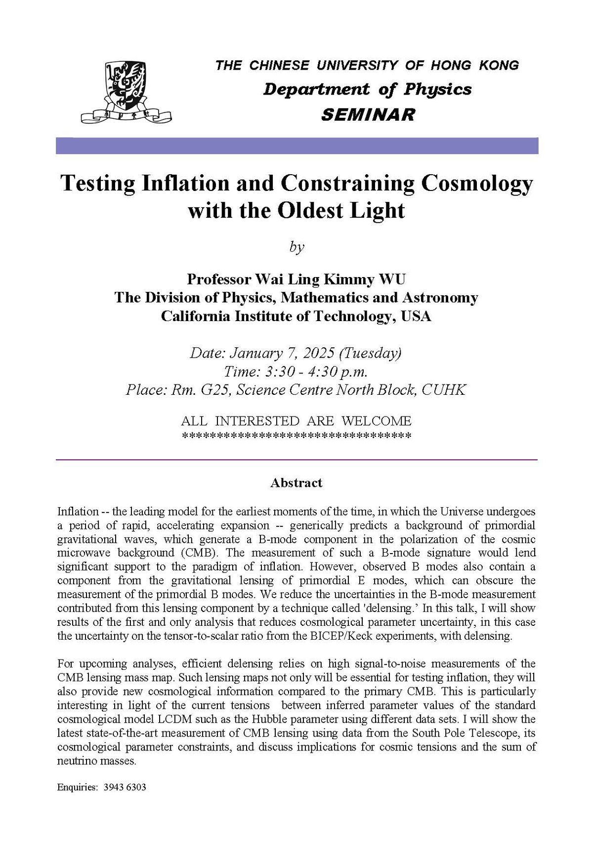 Seminar by Professor Wai Ling Kimmy WU (Caltech)