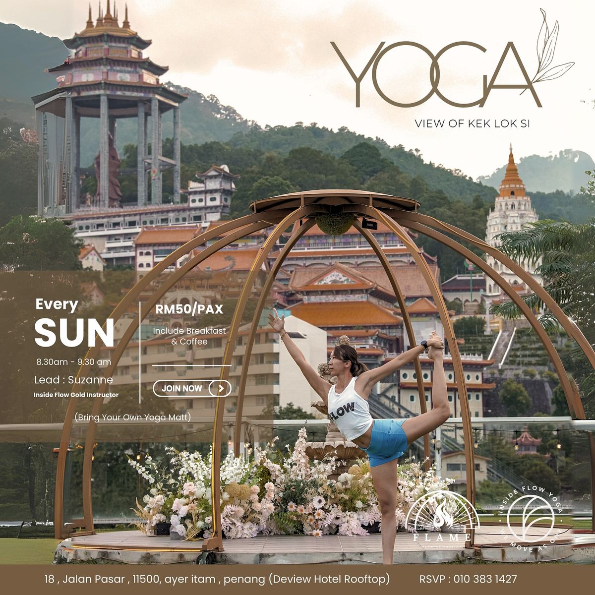 Inside flow yoga with Kek lok si view 