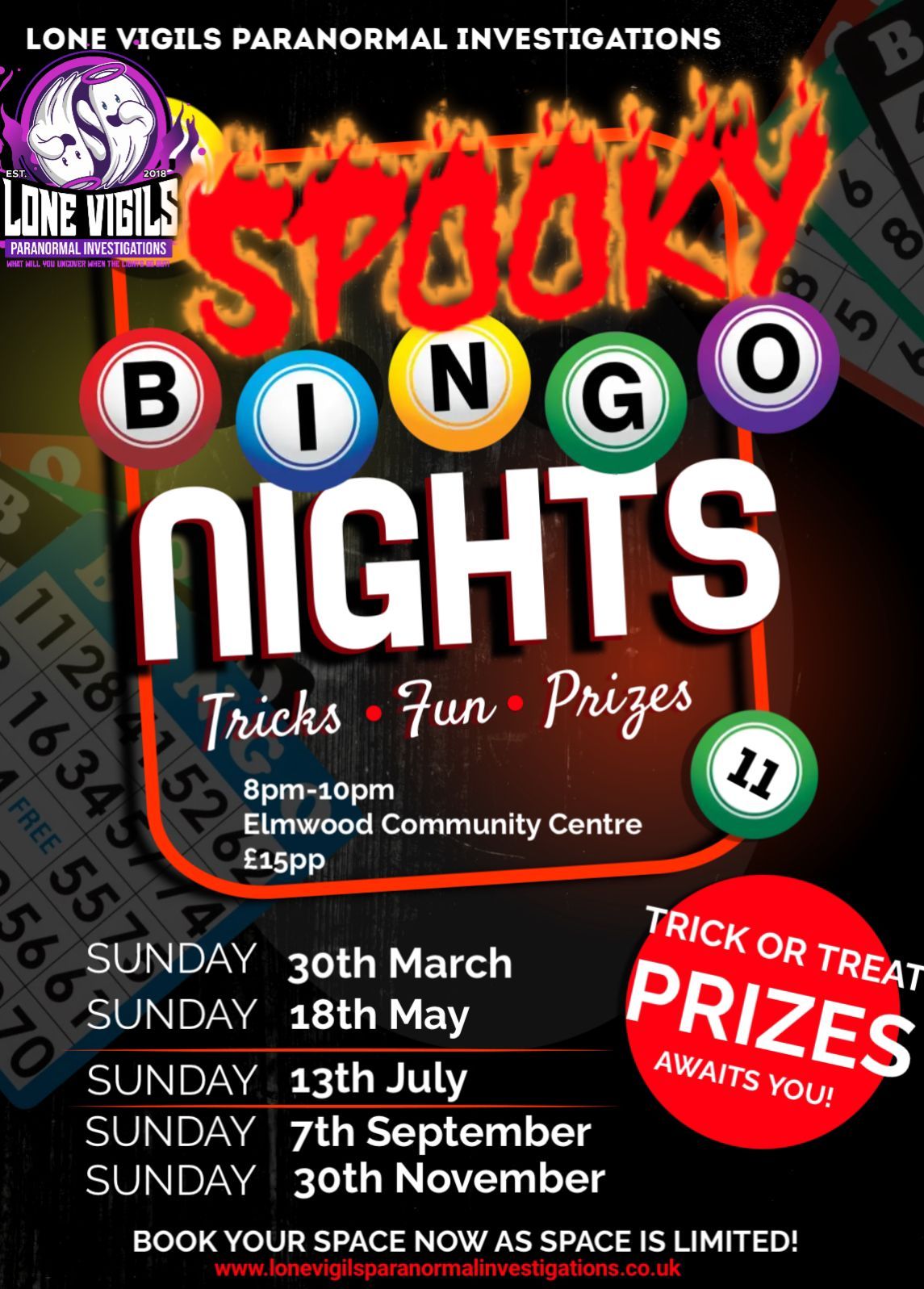 SPOOKY BINGO WITH LONE VIGILS - Sunday 30th March 8pm - 10pm Elmwood Community Centre