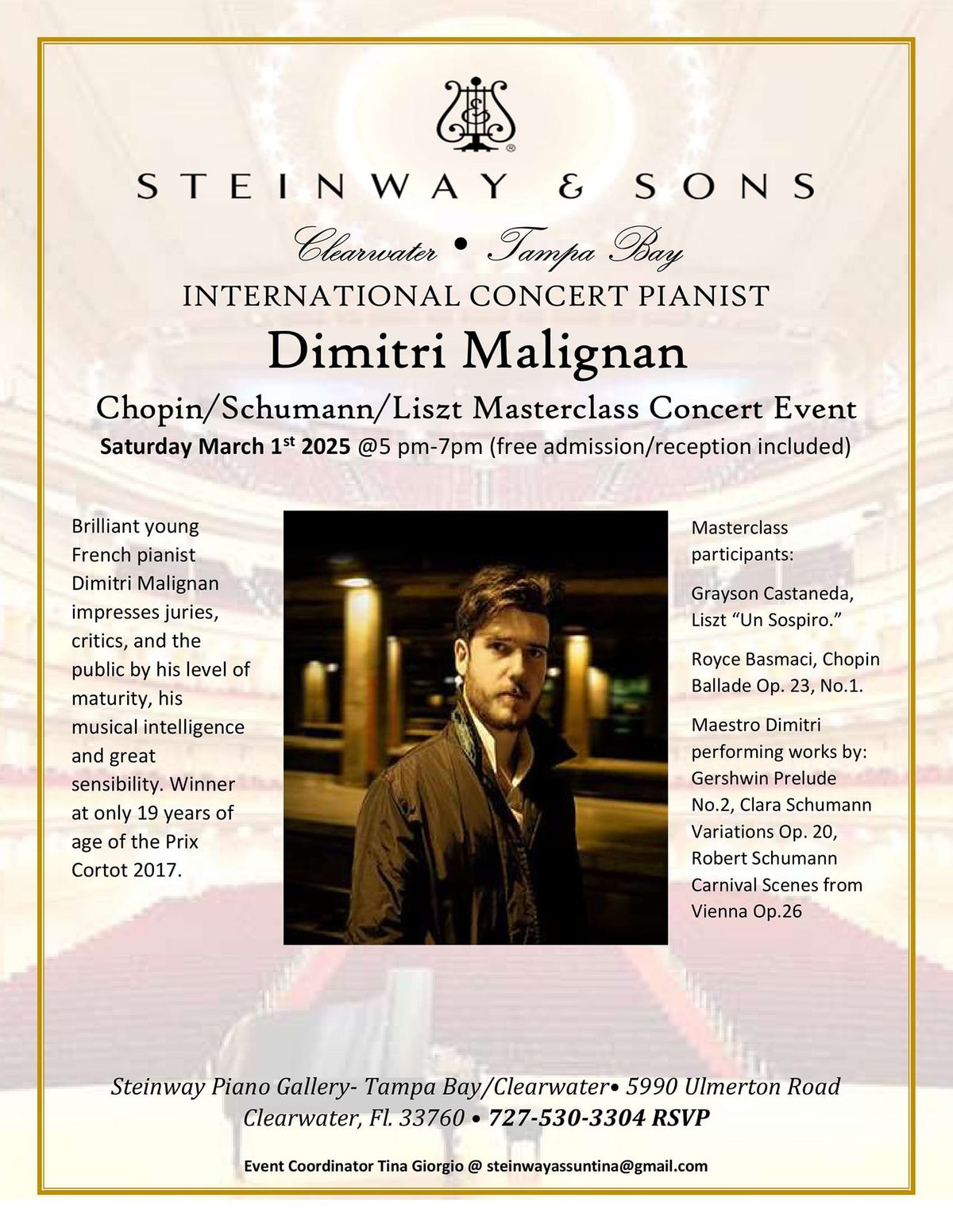 Brilliant International French Pianist Dimitri Malignan Romantic Masterclass Concert Event. 