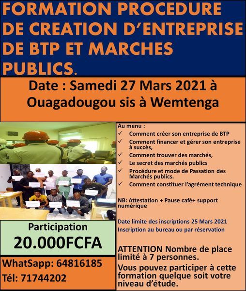 Formationen Procedure De Creation Dentreprise De Btp Des Services Et Marches Publics The Office Ouagadougou 27 March 2021