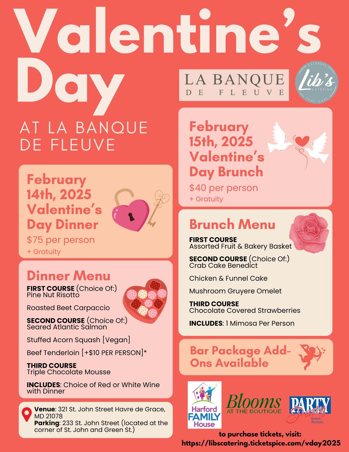 Valentine's Day Dinner & Brunch at La Banque de Fleuve with Lib's Catering