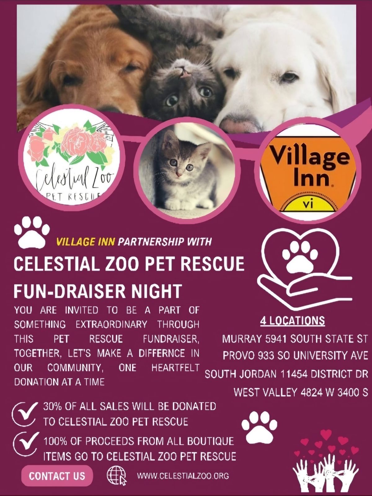 Celestial Zoo Pet Rescue FUN-draiser Event with Village Inn - Eat with Purpose - West Valley