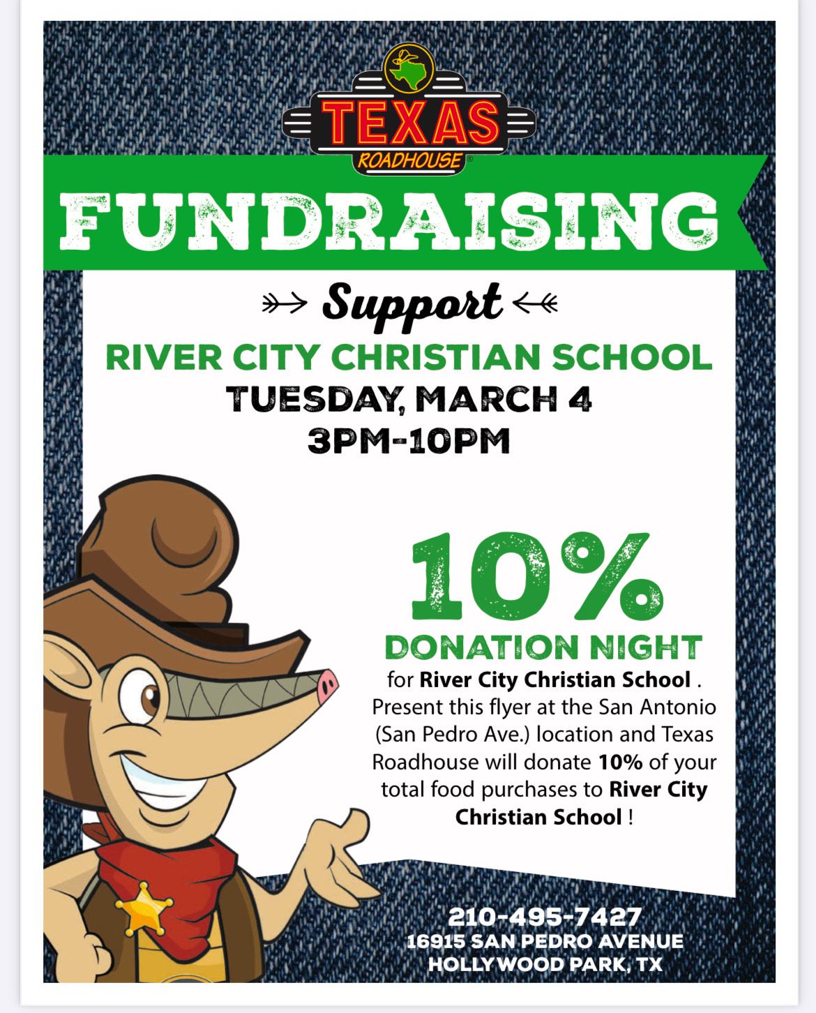 TEXAS ROADHOUSE FUNDRAISING Support RIVER CITY CHRISTIAN SCHOOL