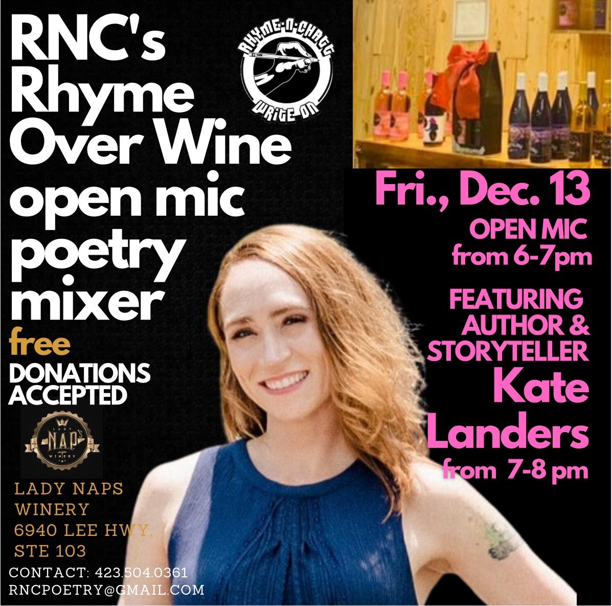 Rhyme Over Wine Spoken Word Poetry Open Mic Nights at the Winery featuring Kate Landers