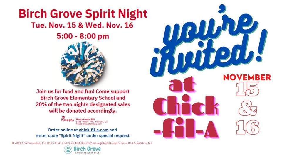 Birch Grove PTC Chick-fil-A Spirit Night