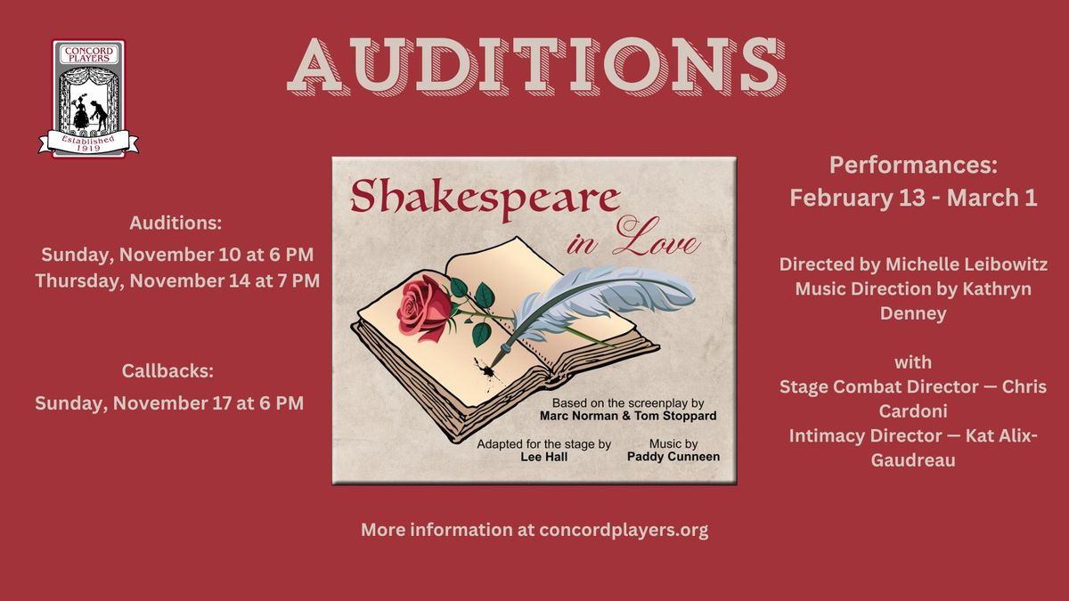 Auditions for Shakespeare in Love at Concord Players