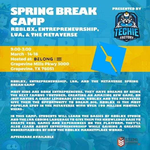 Roblox, Entrepreneurship, LUA, & the Metavers Spring Break Camp At Belong Gaming Arena Grapevine TX