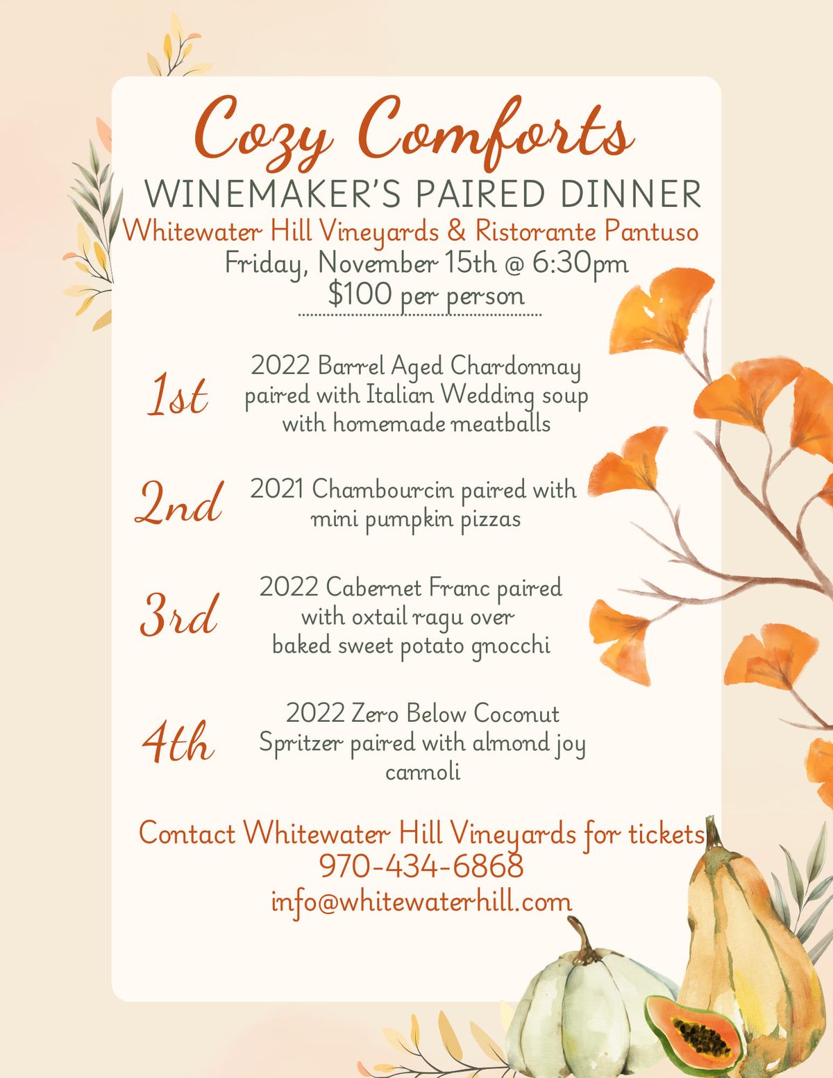 Cozy Comforts Winemaker's Paired Dinner with Whitewater Hill Vineyards & Ristorante Pantuso