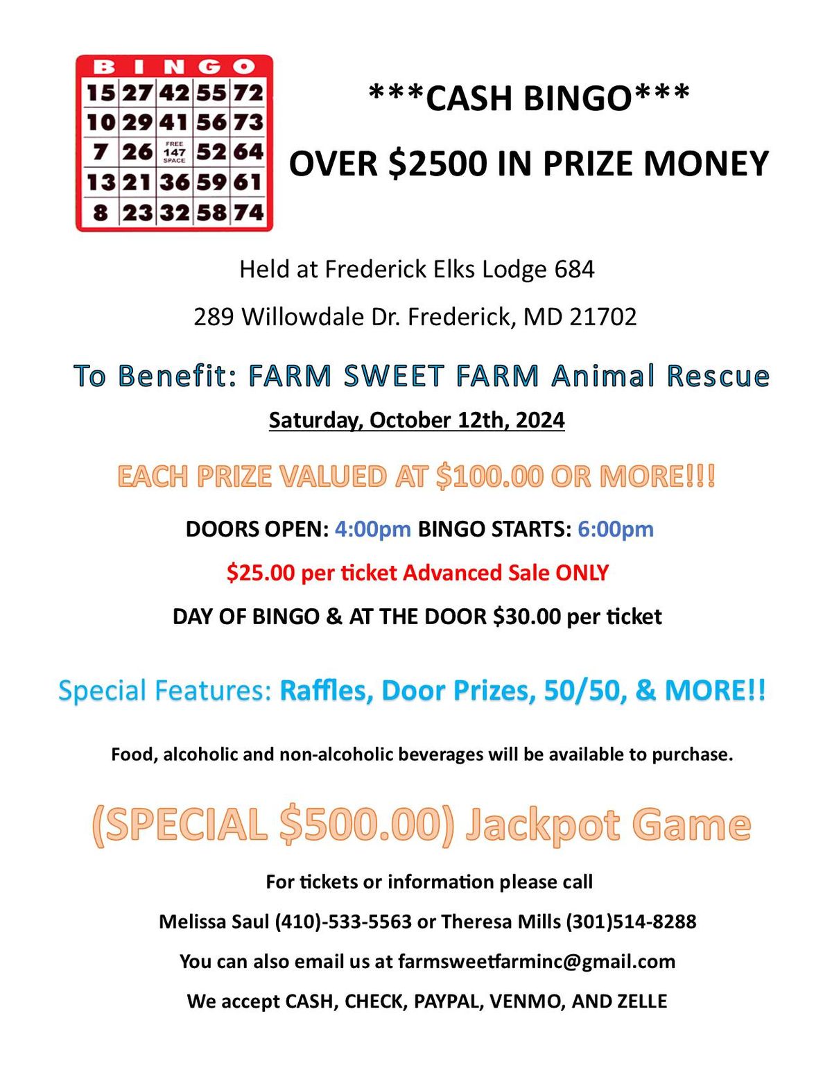 Cash Bingo Fundraiser for Farm Sweet Farm Animal Rescue 