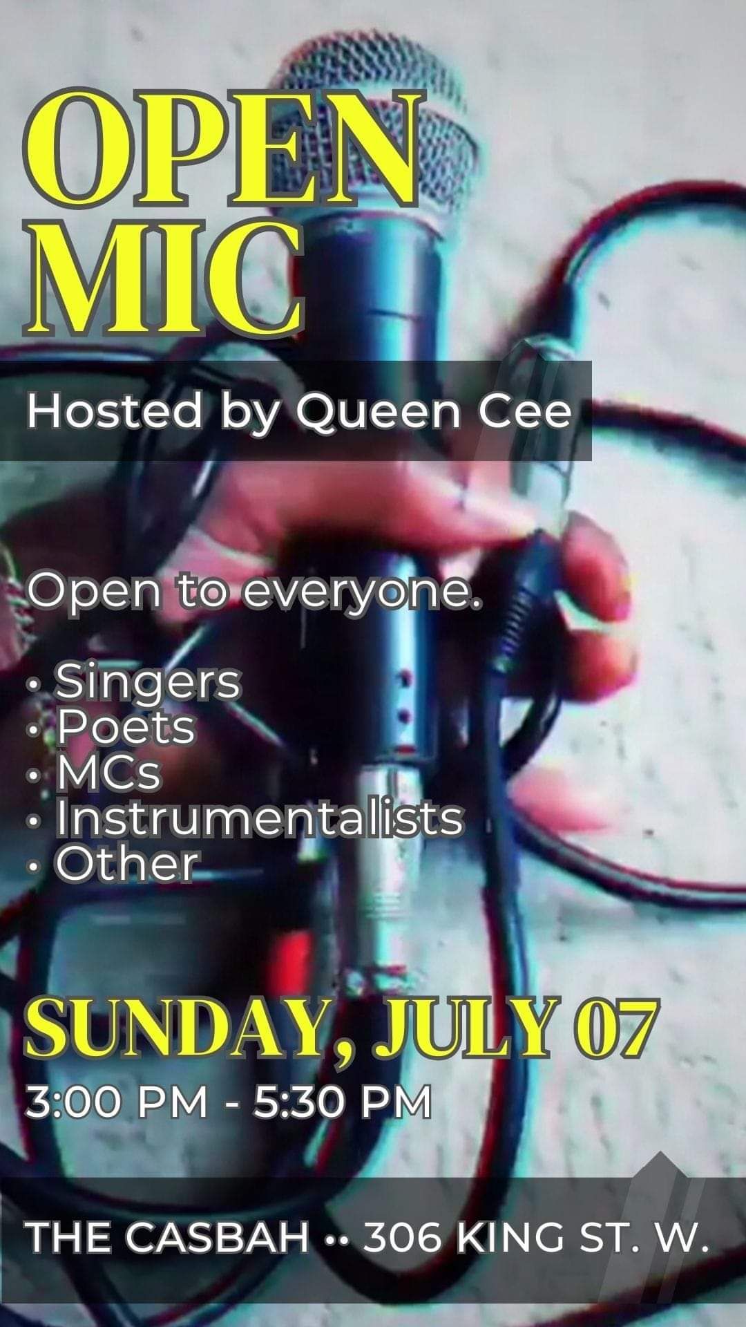 OPEN TO EVERYONE (Open Mic) hosted by Queen Cee -- SUN JULY 7, 3pm @ Casbah LOUNGE