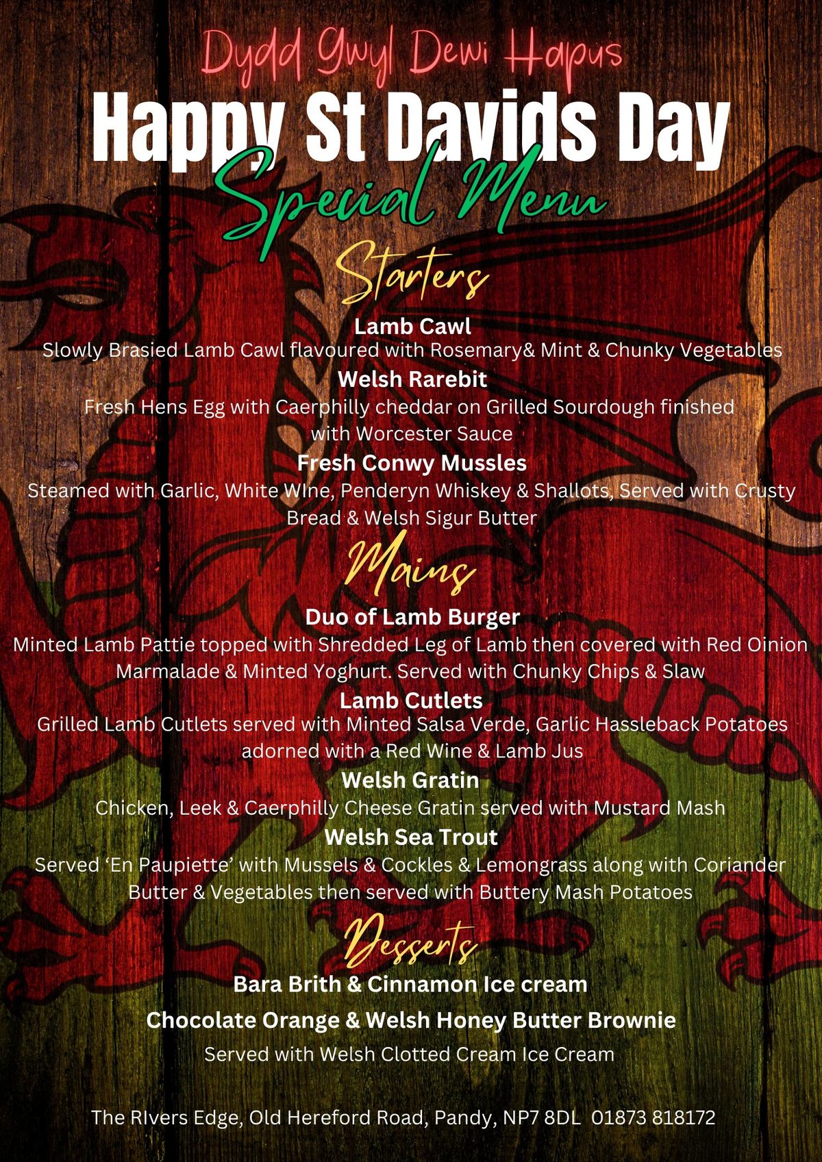 St Davids Day Celebration Menu 