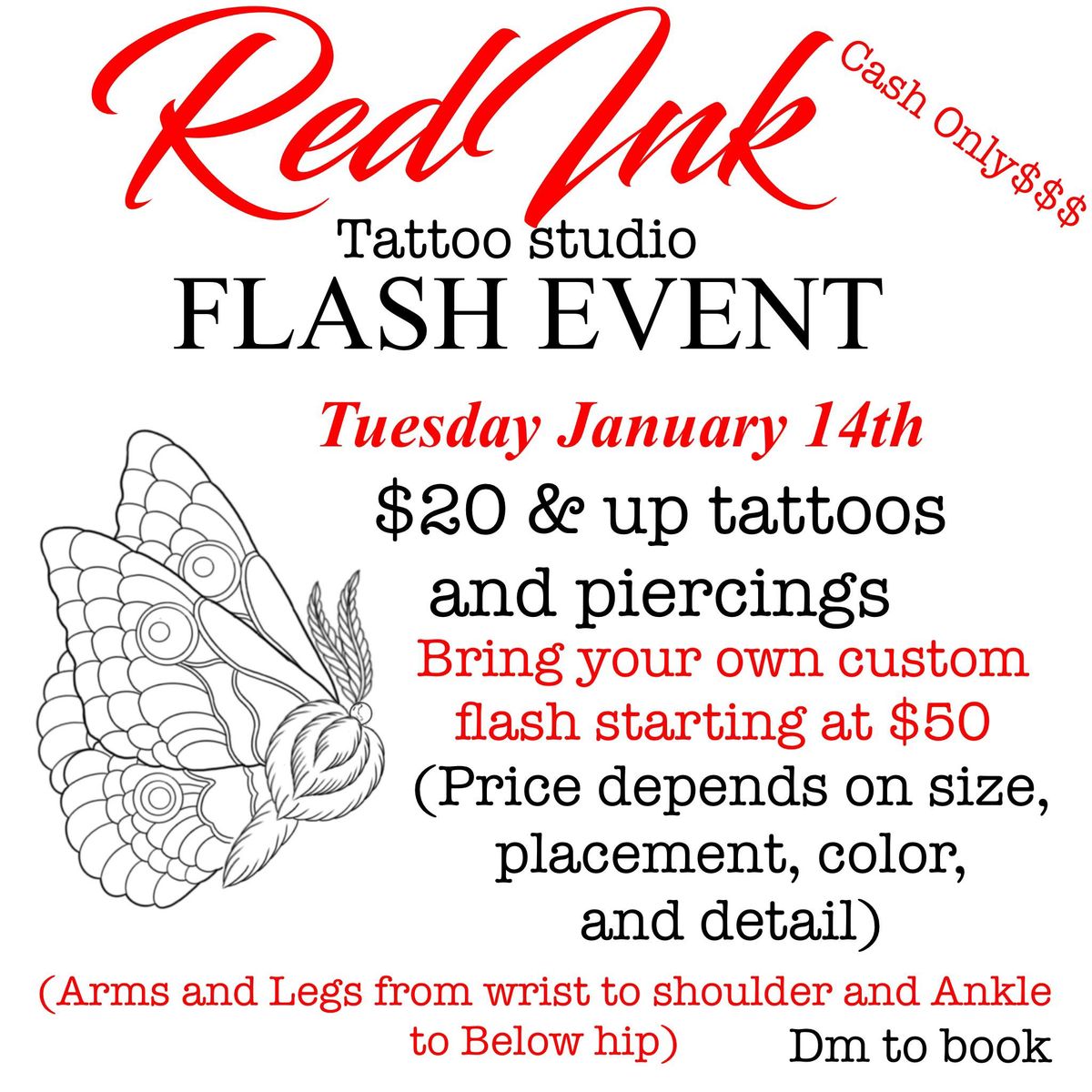 FLASH $20 $35 AND UP TATTOOS AND PIERCINGS JANUARY 14TH