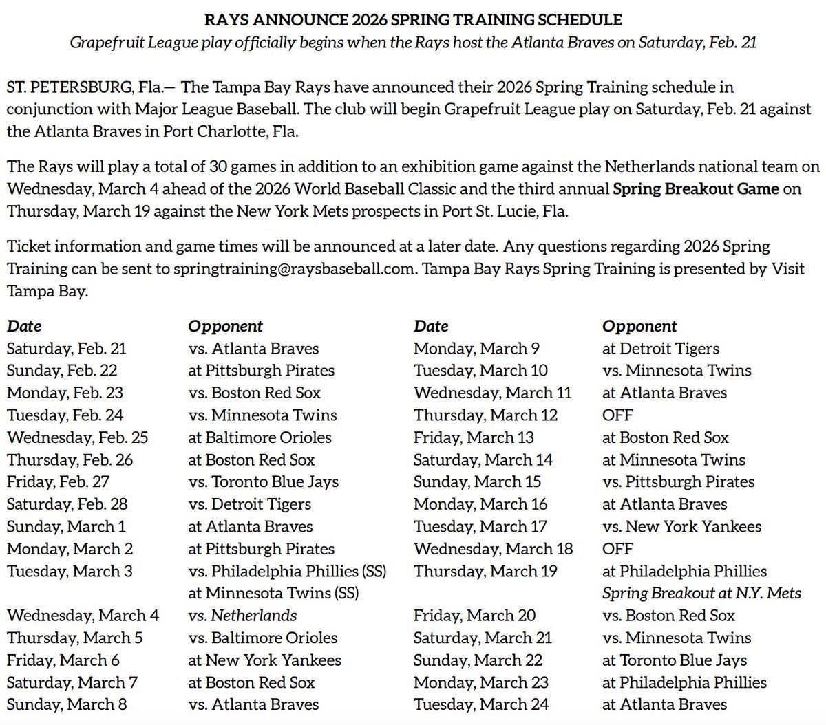 Spring Training: Atlanta Braves vs. Tampa Bay Rays (SS)